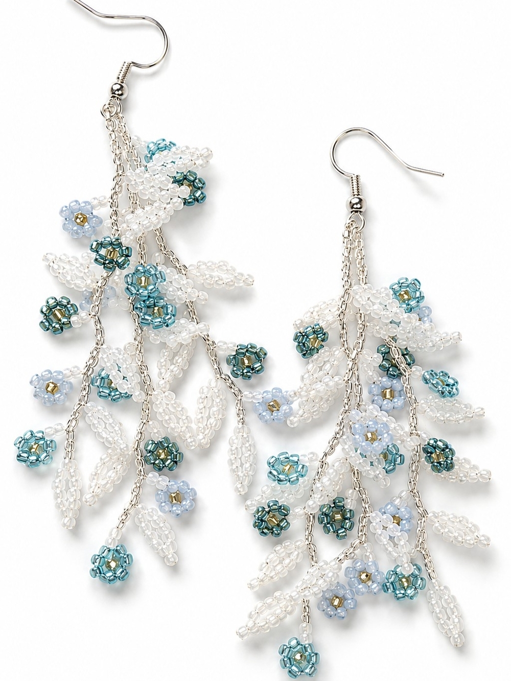 Beaded Floral Cascade Earrings - White & Teal